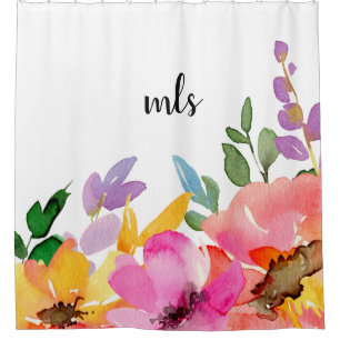 MonogramChicの粋な春の花模様の水彩画のピンク シャワーカーテン