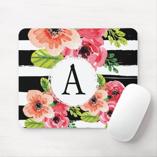 Monogramedの水彩画の花柄及び白黒のストライプ マウスパッド (マウス)