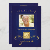 Monogramedの第50誕生会Inivitations -青 招待状 (正面/裏面)