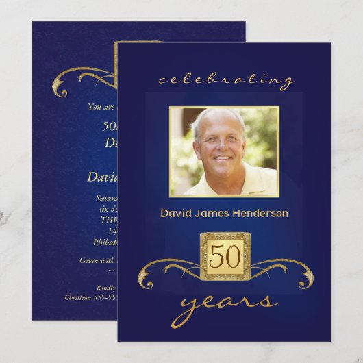 Monogramedの第50誕生会Inivitations -青 招待状 (正面/裏面)