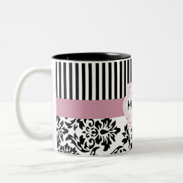monogramedエレガントなダマスク織およびストライブ柄 ツートーンマグカップ