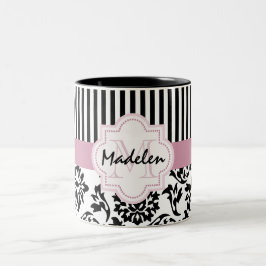 monogramedエレガントなダマスク織およびストライブ柄 ツートーンマグカップ