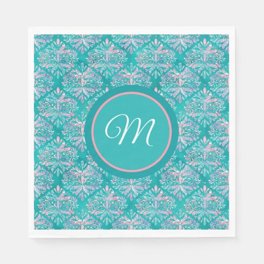 Monogramed Teal Pattern Napkins スタンダードランチョンナプキン (正面)