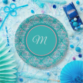 Monogramed Teal Pattern Napkins ペーパープレート (パーティー)