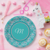 Monogramed Teal Pattern Napkins ペーパープレート (パーティー)