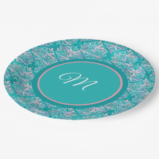 Monogramed Teal Pattern Napkins ペーパープレート (アングル)