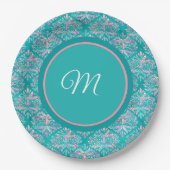 Monogramed Teal Pattern Napkins ペーパープレート (正面)