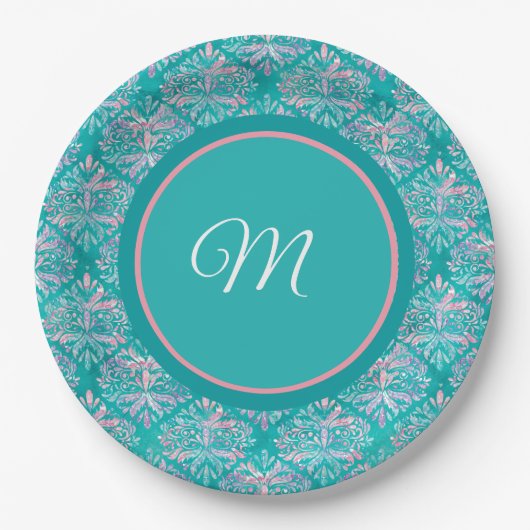 Monogramed Teal Pattern Napkins ペーパープレート (正面)