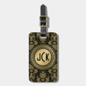 MonogramedBlackと金ゴールドヴィンテージフローラダマスク ラゲッジタグ (正面縦)
