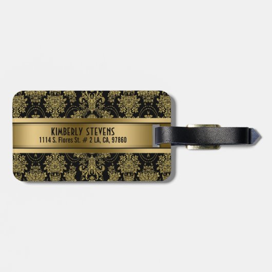 MonogramedBlackと金ゴールドヴィンテージフローラダマスク ラゲッジタグ (裏面横)