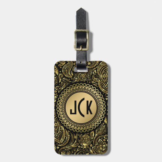 MonogramedBlackと金ゴールドヴィンテージフローラペイズリー ラゲッジタグ (正面縦)