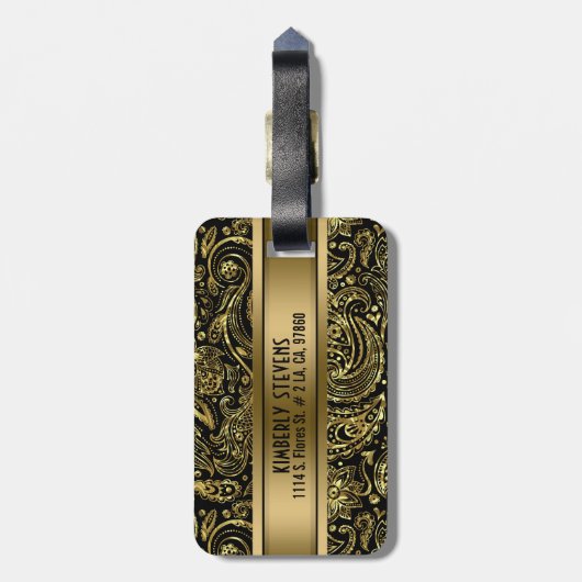 MonogramedBlackと金ゴールドヴィンテージフローラペイズリー ラゲッジタグ (裏面縦)