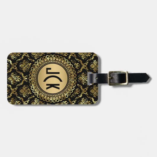 MonogramedBlack & 金ゴールドヴィンテージフローラダマスク2 ラゲッジタグ (正面横)