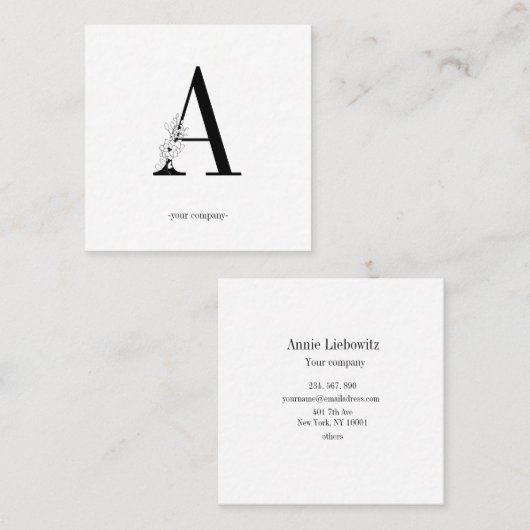 Monogramm, minimalistic Blumen schwarz weiss スクエア名刺 (正面/裏面)