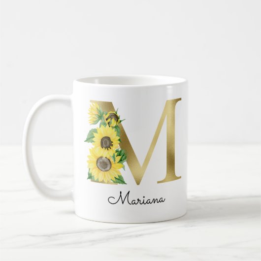 Monogramme Gold Tournesol Fleur Féminin Initial M コーヒーマグカップ (左)
