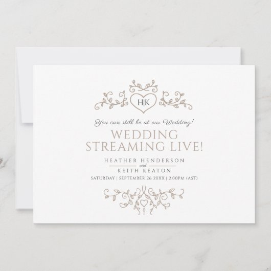 Monogramme mariage feuille marron blanc en streami 案内状 (正面)