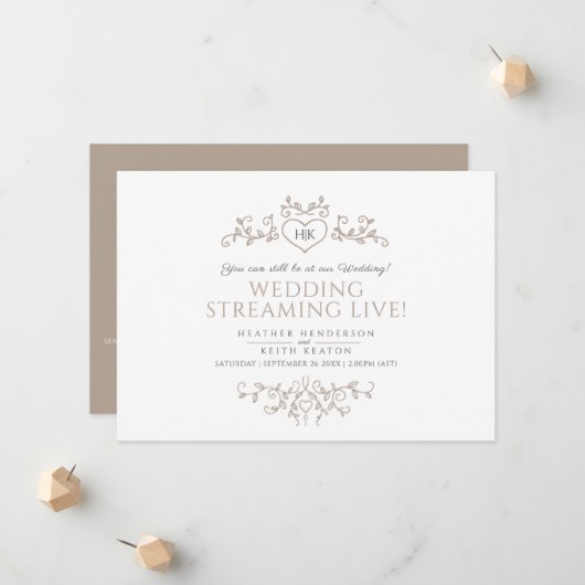 Monogramme mariage feuille marron blanc en streami 案内状 (正面/裏面インサイチュ)