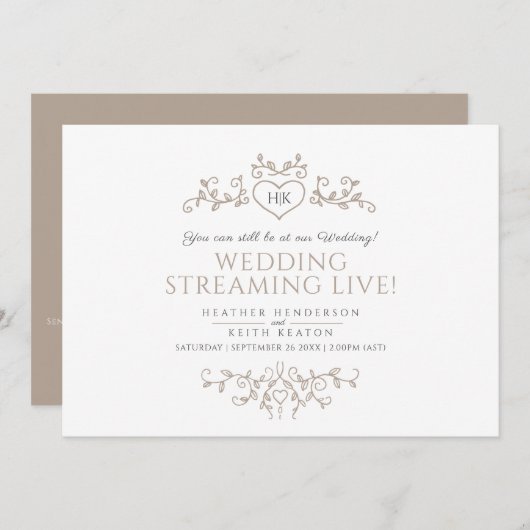 Monogramme mariage feuille marron blanc en streami 案内状 (正面/裏面)