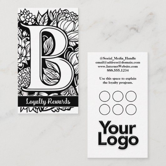 Monogrammed B Floral Black and White Company Logo  名刺 (正面/裏面)