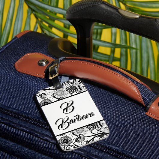Monogrammed Black And White Floral Abstract Luggag ラゲッジタグ (正面インサイチュ1)