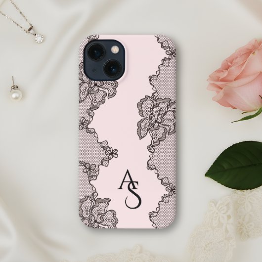 Monogrammed Black Pink Floral Lace  iPhoneケース