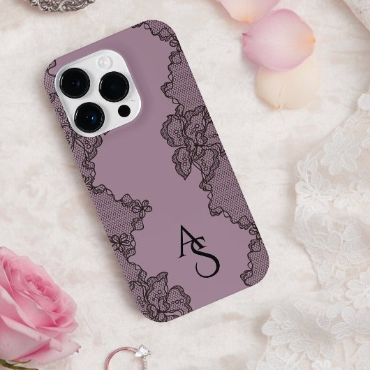 Monogrammed Black Purple Floral Lace  iPhoneケース