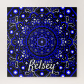 Monogrammed Blue, Black & White Mandala Pattern ジグソーパズル (縦)
