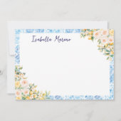 Monogrammed Blue Mediterranean Tiles Flower Lemon ノートカード (正面)