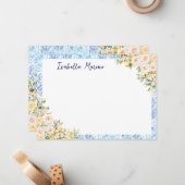 Monogrammed Blue Mediterranean Tiles Flower Lemon ノートカード (正面/裏面インサイチュ)