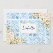 Monogrammed Blue Mediterranean Tiles Flower Lemon ノートカード (裏面)