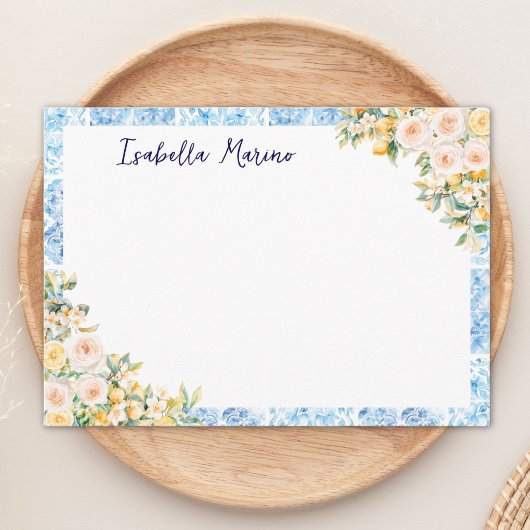 Monogrammed Blue Mediterranean Tiles Flower Lemon ノートカード