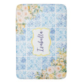 Monogrammed Blue Mediterranean Tiles Flower Lemon バスマット (正面縦)