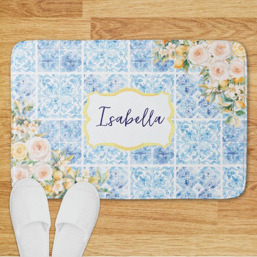 Monogrammed Blue Mediterranean Tiles Flower Lemon バスマット