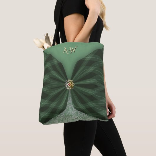 Monogrammed Botanical GreenJewel Textile Illusion  トートバッグ (クローズアップ)