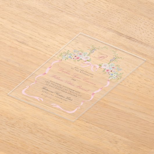 Monogrammed Bows and Florals Wedding アクリル招待状 (レイダウン)