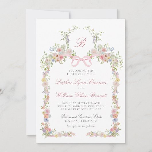 Monogrammed Bows and Wildflowers Wedding 招待状 (正面)