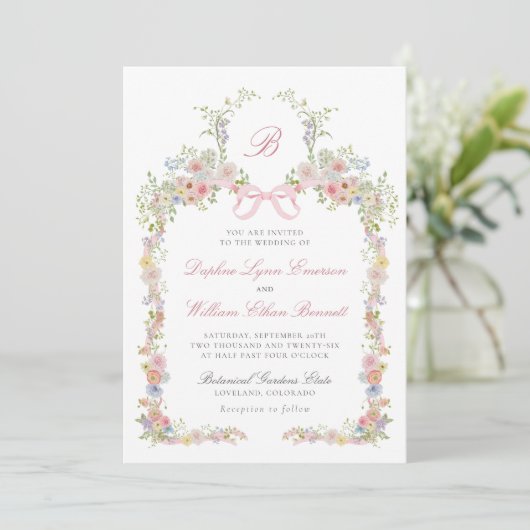 Monogrammed Bows and Wildflowers Wedding 招待状 (スタンド正面)