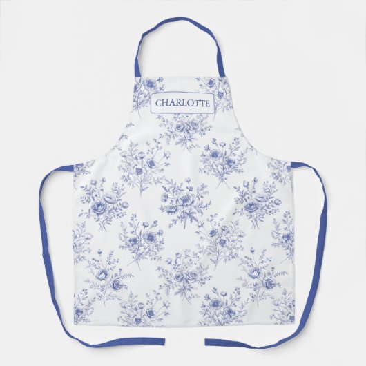 Monogrammed Classic Blue Flowers Floral Pattern エプロン (正面)
