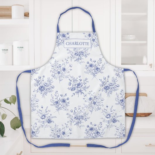 Monogrammed Classic Blue Flowers Floral Pattern エプロン