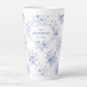 Monogrammed Classic Blue Flowers Floral Pattern カフェラテマグ (正面)