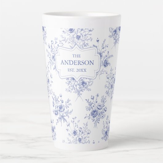Monogrammed Classic Blue Flowers Floral Pattern カフェラテマグ (正面)