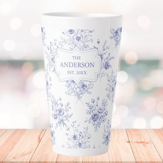 Monogrammed Classic Blue Flowers Floral Pattern カフェラテマグ