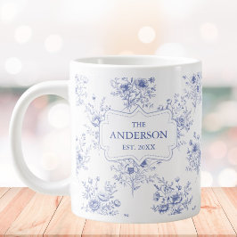 Monogrammed Classic Blue Flowers Floral Pattern ジャンボコーヒーマグカップ