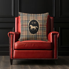 Monogrammed Classic Tartan Plaid Horse Mocha Brown クッション