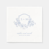 Monogrammed Crest Blue Floral スタンダードカクテルナプキン (正面)