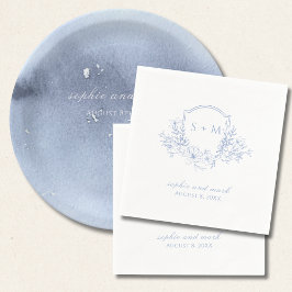 Monogrammed Crest Blue Floral スタンダードカクテルナプキン