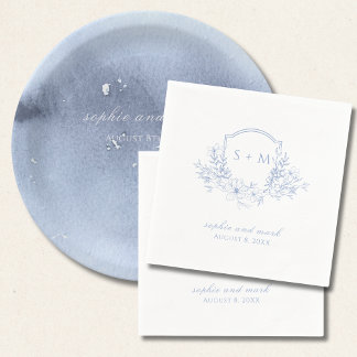 Monogrammed Crest Blue Floral スタンダードカクテルナプキン