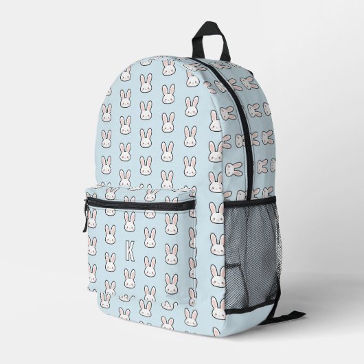 Monogrammed Cute Bunny Face Rabbit Pattern プリントバックパック (裏面右端)