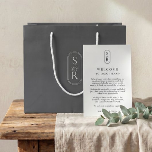 Monogrammed Dark Grey Custom Wedding Welcome Bag ラージペーパーバッグ