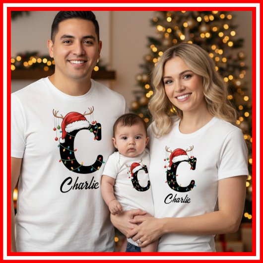 Monogrammed Family Christmas Antlers Santa Hat Tシャツ